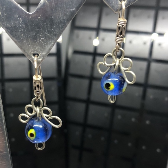 Artisan sterling silver 925 hooks evil eye glass bead earrings boho - Picture 2 of 3